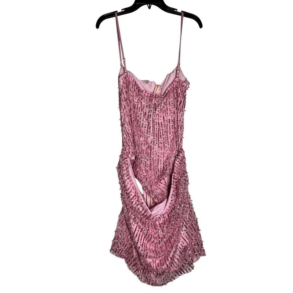 Oh Polly Pink Beaded Sequin Mini Dress Strapless Corset Pearl Embellished US 14 - Picture 3 of 9